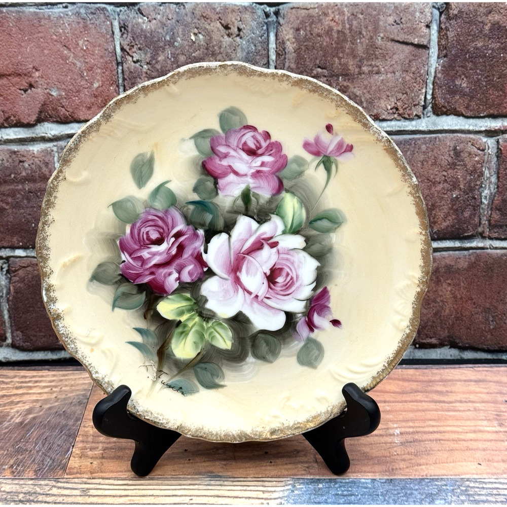 Enesco Imports‎ Japan 8.25" Wall Decor Plate Roses Gold Sponge Artist Signed